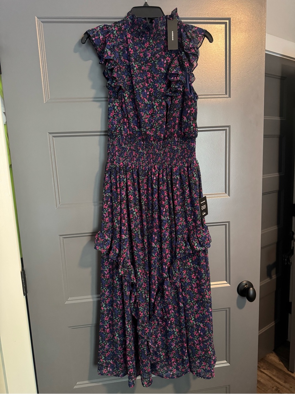 Lulu's Navy Floral Smocked Maxi Dress with Pink and Green Accents